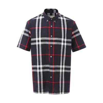Burberry Checkered Short-Sleeve Straight Shirt - Dark Blue 40154301