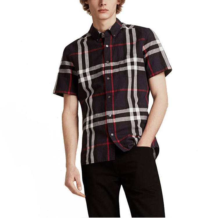 Shop Burberry Kemeja Lurus Lengan Pendek Kotak-Kotak - Biru Gelap 40154301