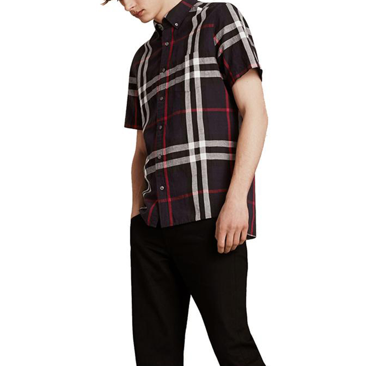 Details for Burberry Kemeja Lurus Lengan Pendek Kotak-Kotak - Biru Gelap 40154301