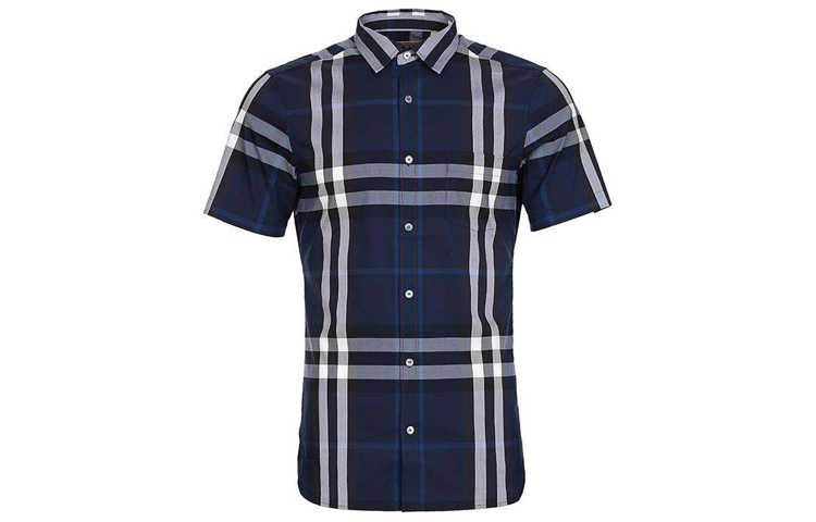 Burberry Classic Check Button-Down Short Sleeve Shirt - Navy Blue 40039361
