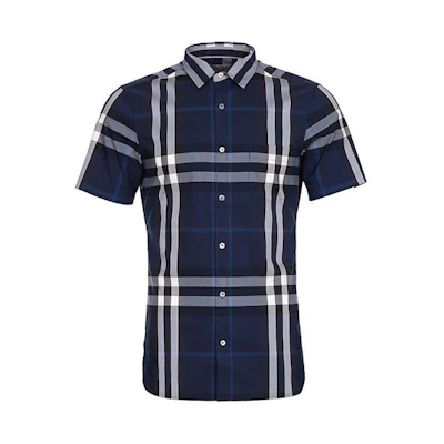 Burberry Classic Check Button-Down Short Sleeve Shirt - Navy Blue 40039361