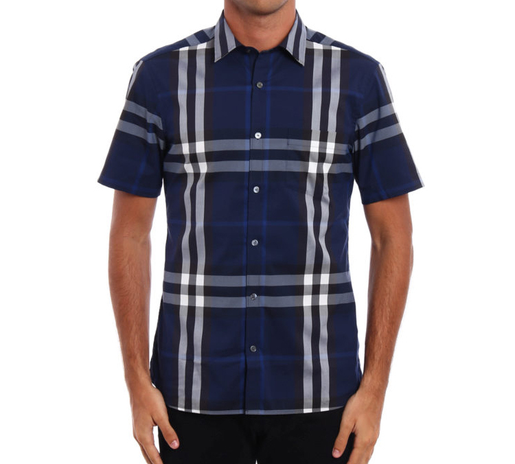 Shop Baju Pendek Lengan Kotak-Kotak Klasik Burberry - Biru Navy 40039361