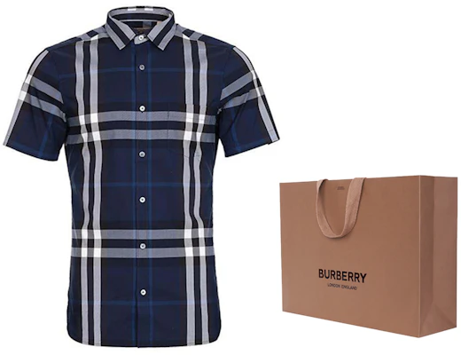 Baju Pendek Lengan Kotak-Kotak Klasik Burberry - Biru Navy 40039361 Cheap Baju Pendek Lengan Kotak-Kotak Klasik Burberry - Biru Navy 40039361