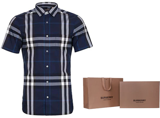 Baju Pendek Lengan Kotak-Kotak Klasik Burberry - Biru Navy 40039361 1