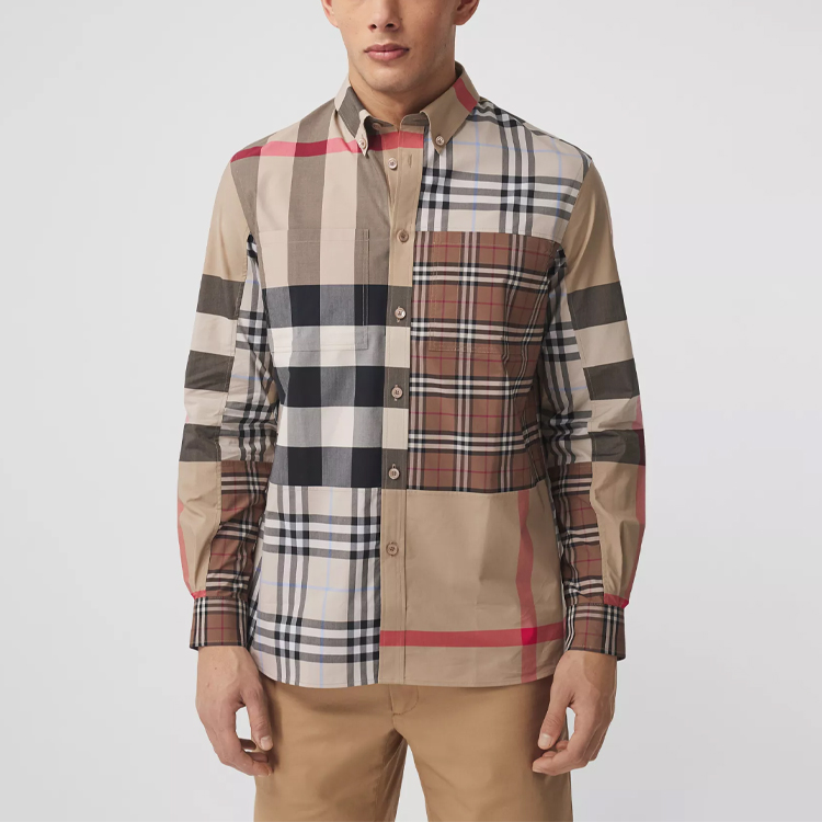 Details for Burberry經典格紋男士寬鬆版棉質襯衫- 浅杏色 80386381