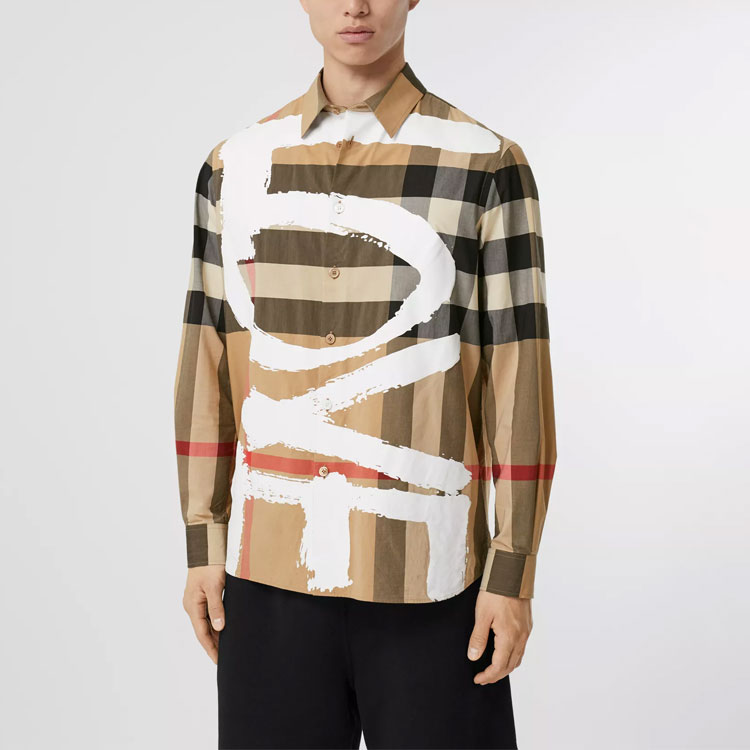 Burberry Classic Check Printed Stretch Long Sleeve Shirt in Archive Beige 80375281 圖 5
