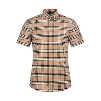 Burberry Classic Check Stretch Short Sleeve Shirt for Men Khaki 80209651