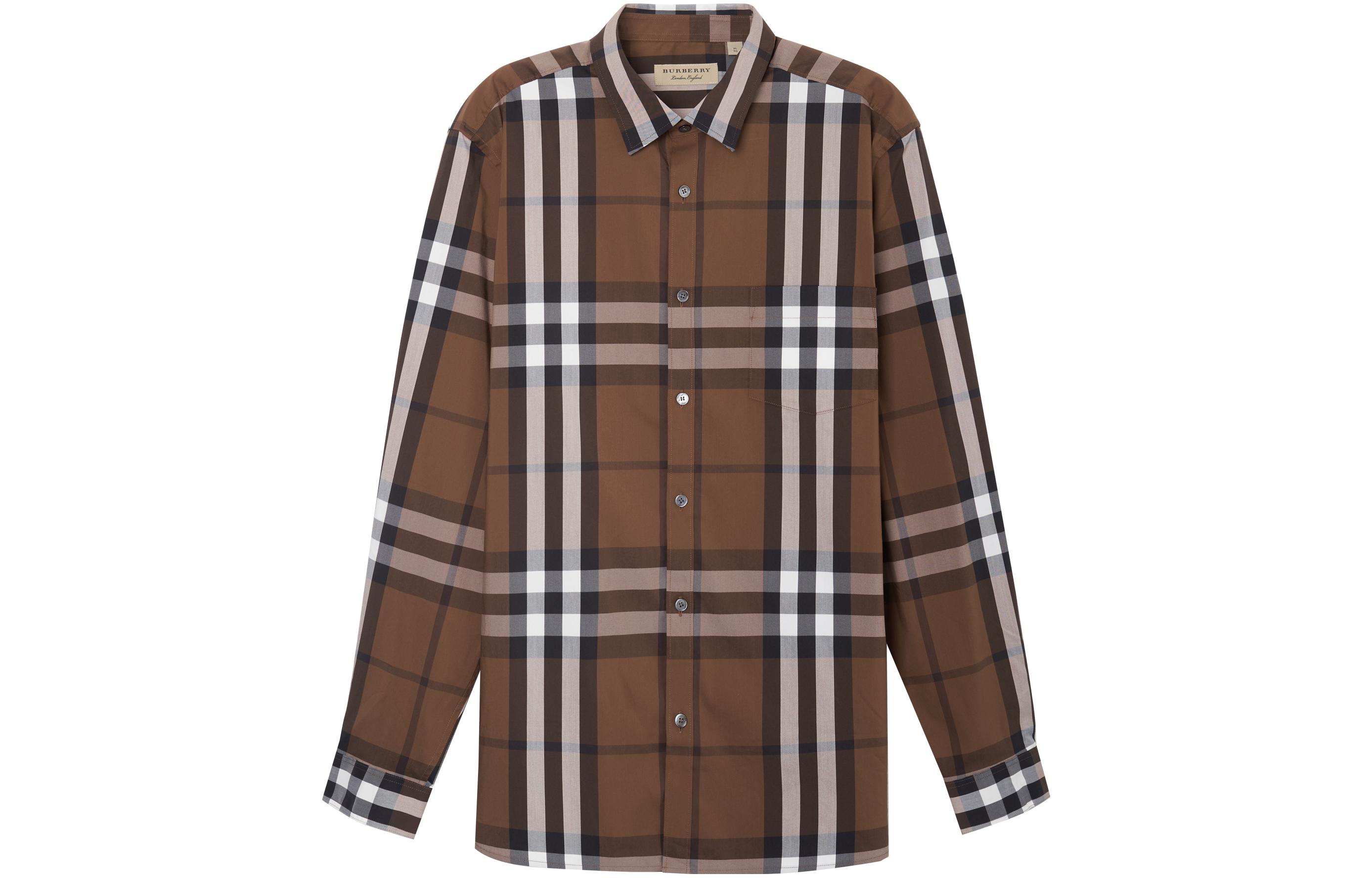 Order Burberry Curved Hem Plaid Long Sleeve Shirt Dark Brown 80045351