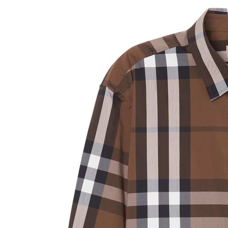 Sizing Burberry Curved Hem Plaid Long Sleeve Shirt Dark Brown 80045351