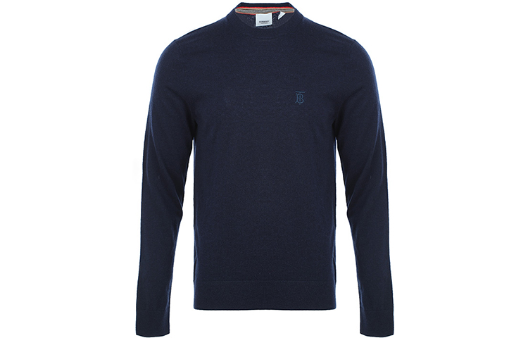 Order Burberry Sweater Logo Bersulam Biru Gelap Crewneck Knit Lelaki/Wanita. 80321041