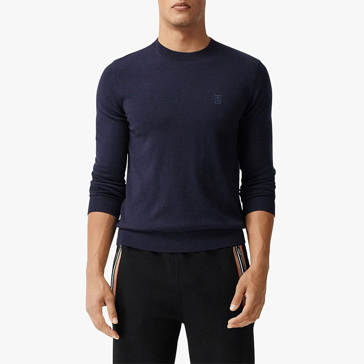 Purchase Burberry Sweater Logo Bersulam Biru Gelap Crewneck Knit Lelaki/Wanita. 80321041