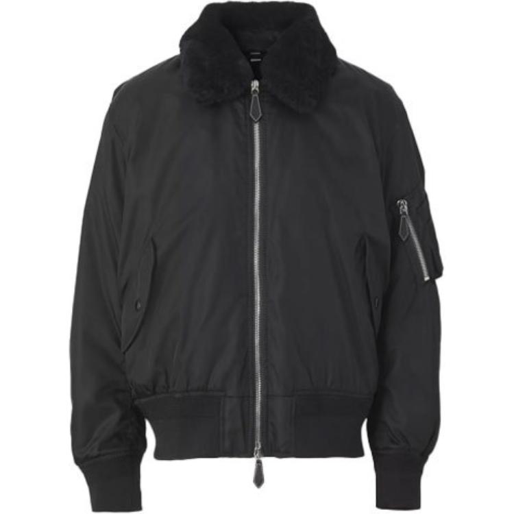 Burberry Detachable Shearling Collar Aviator Jacket Black Mens 80413811