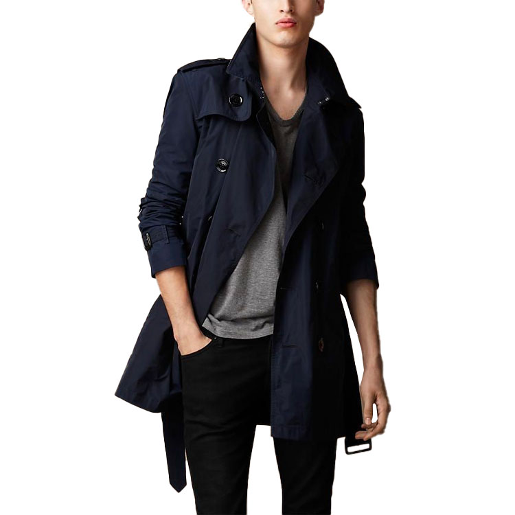 Shop Burberry Trench Coat Double-Breasted Solid Warna Biru Tua 38011451