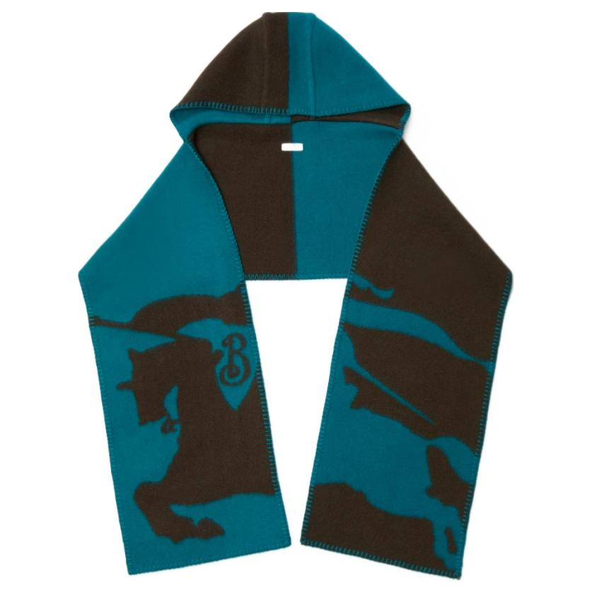 Burberry EDK Hooded Wool Knit Scarf Unisex Couple Style Blue Brown 80907701 圖 2
