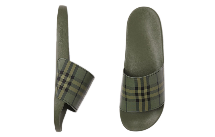 Shop Burberry博柏利 簡約休閒格紋印花 時尚拖鞋 男款 軍綠色