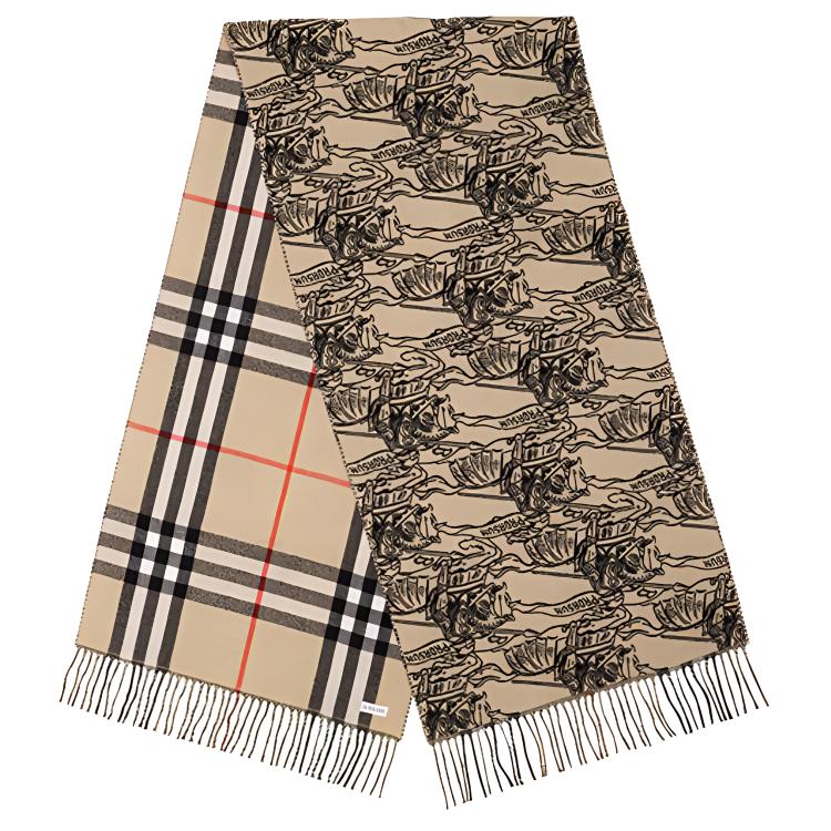 Burberry Equestrian Knight Logo Wool Scarf Unisex Beige Couple Style. 80742891