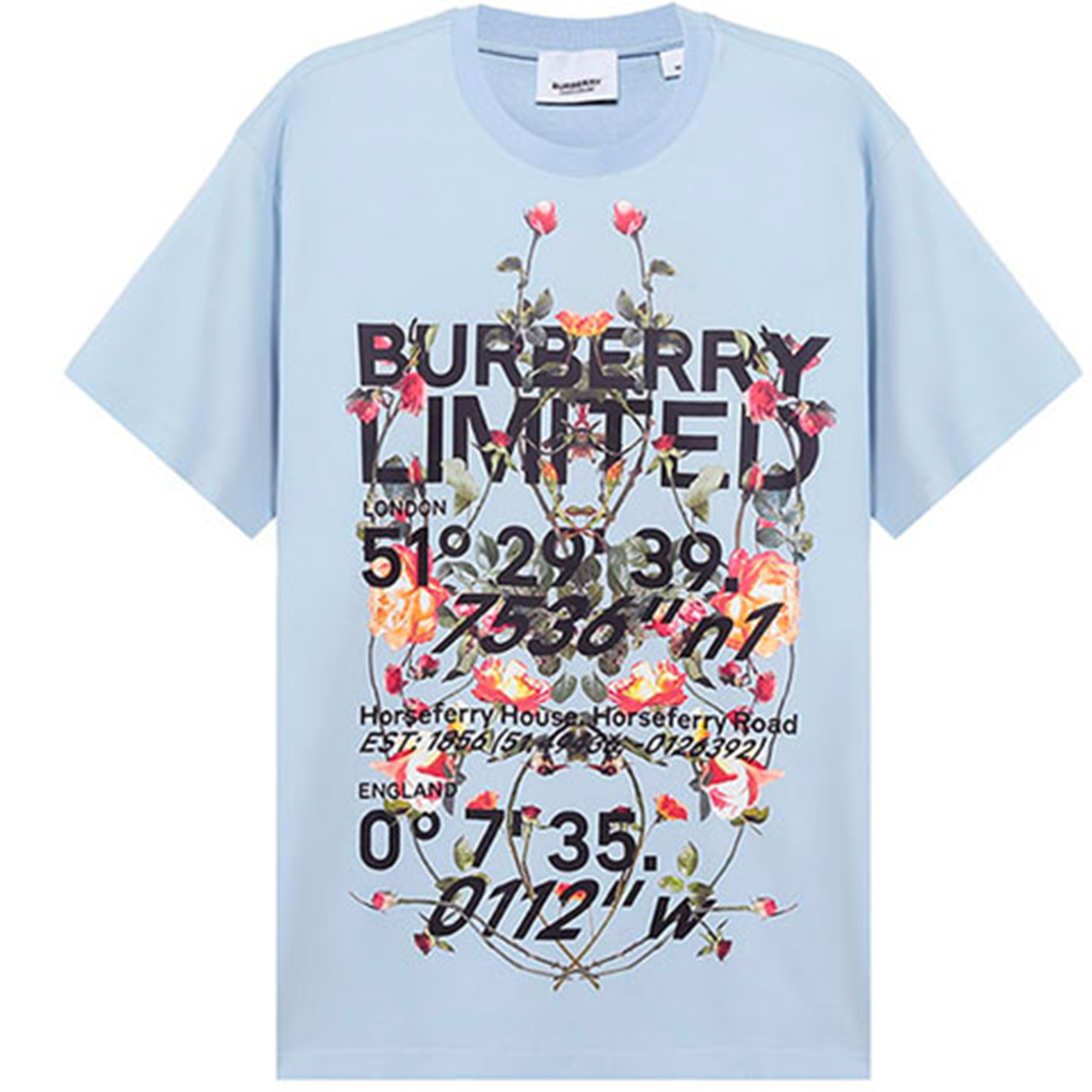 Burberry Floral Monogram Print Unisex T-Shirt in Light Blue 80374681