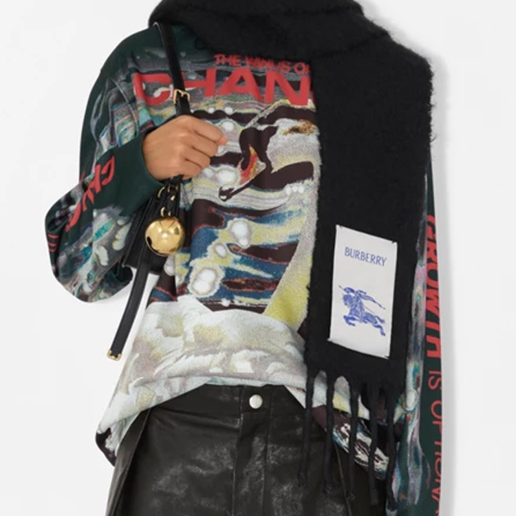 Burberry Fringe Narrow Scarf Unisex Couple Style Black Wool Scarf 80796501 圖 4