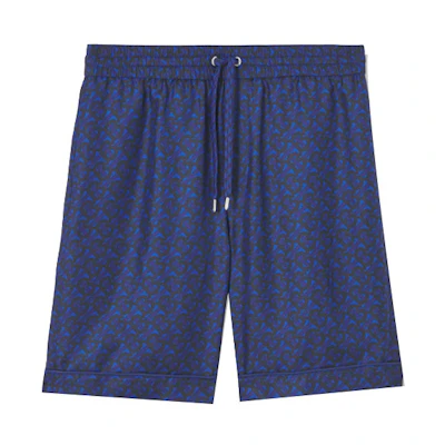 Burberry FW21 Blue Silk Monogram Print Loose Fit Shorts Mens. 80488751