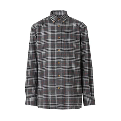 Burberry FW21 Checkered Flannel Cotton Long Sleeve Shirt Men’s Charcoal Grey. 80455581