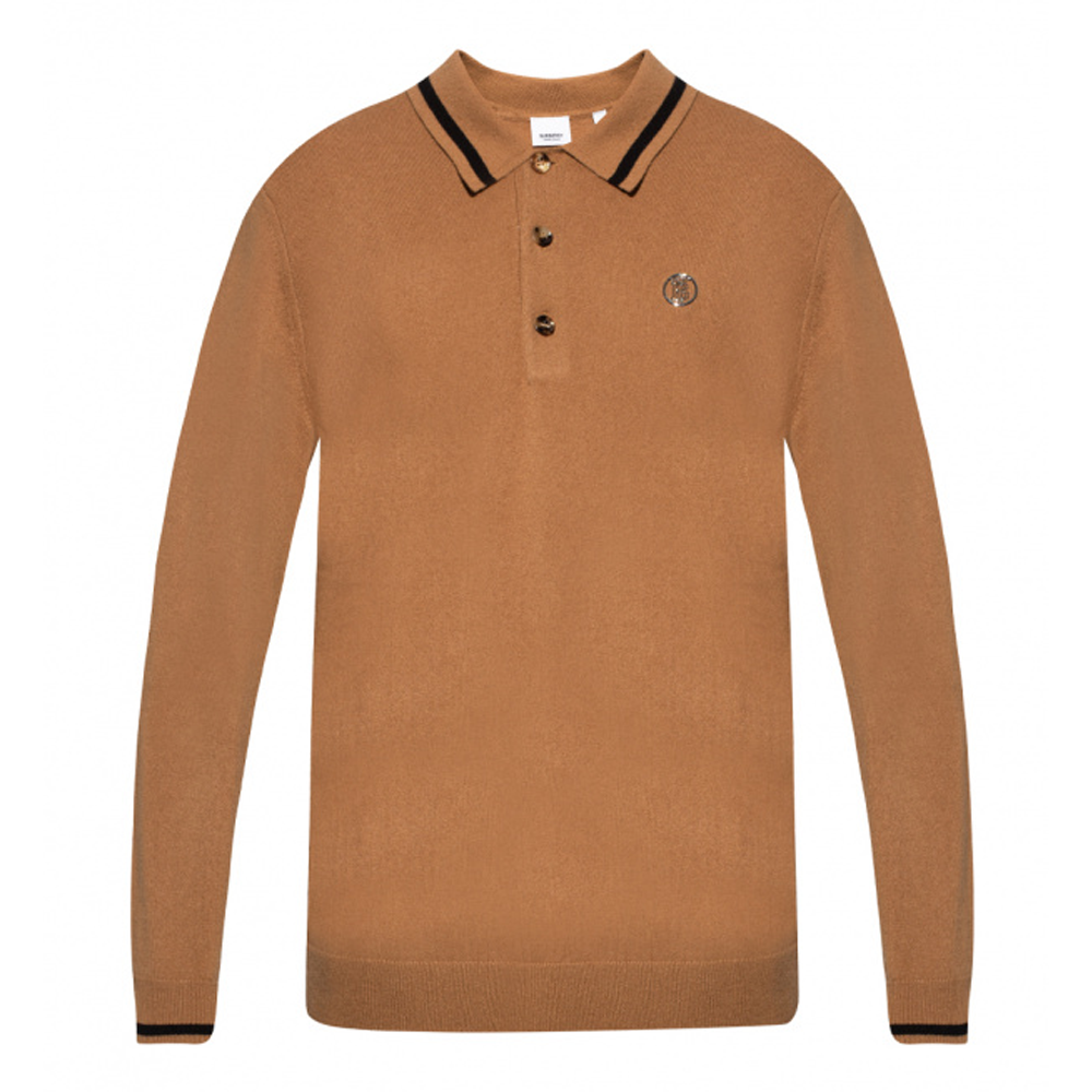Burberry FW21 Logo Pattern Cashmere Long Sleeve Polo Shirt Men Camel. 80443101