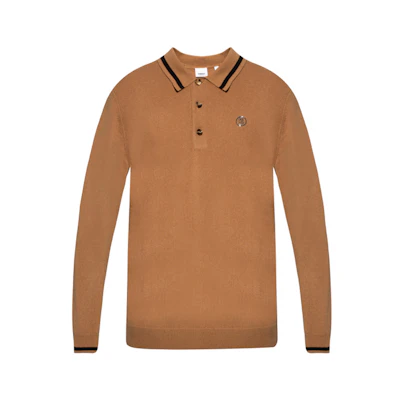 Burberry FW21 Logo Pattern Cashmere Long Sleeve Polo Shirt Men Camel. 80443101