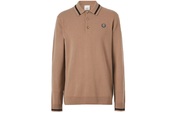 Burberry FW21 Logo Pattern Cashmere Long Sleeve Polo Shirt Men Camel. 80443101 圖 2