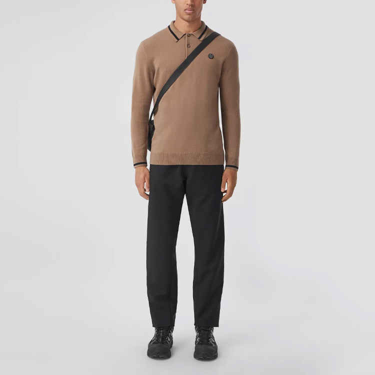 Burberry FW21 Logo Pattern Cashmere Long Sleeve Polo Shirt Men Camel. 80443101 圖 3