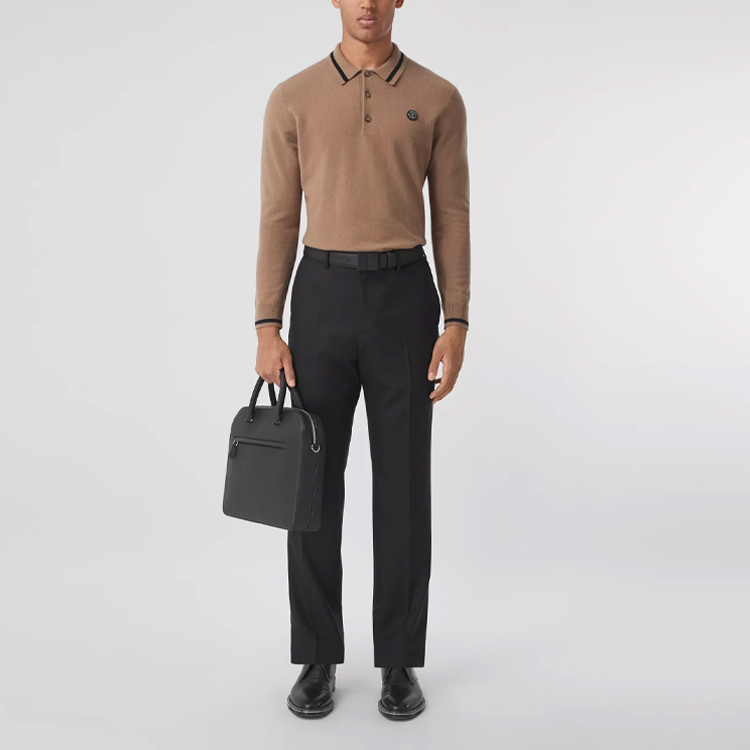 Burberry FW21 Logo Pattern Cashmere Long Sleeve Polo Shirt Men Camel. 80443101 圖 4