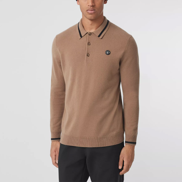 Burberry FW21 Logo Pattern Cashmere Long Sleeve Polo Shirt Men Camel. 80443101 圖 5