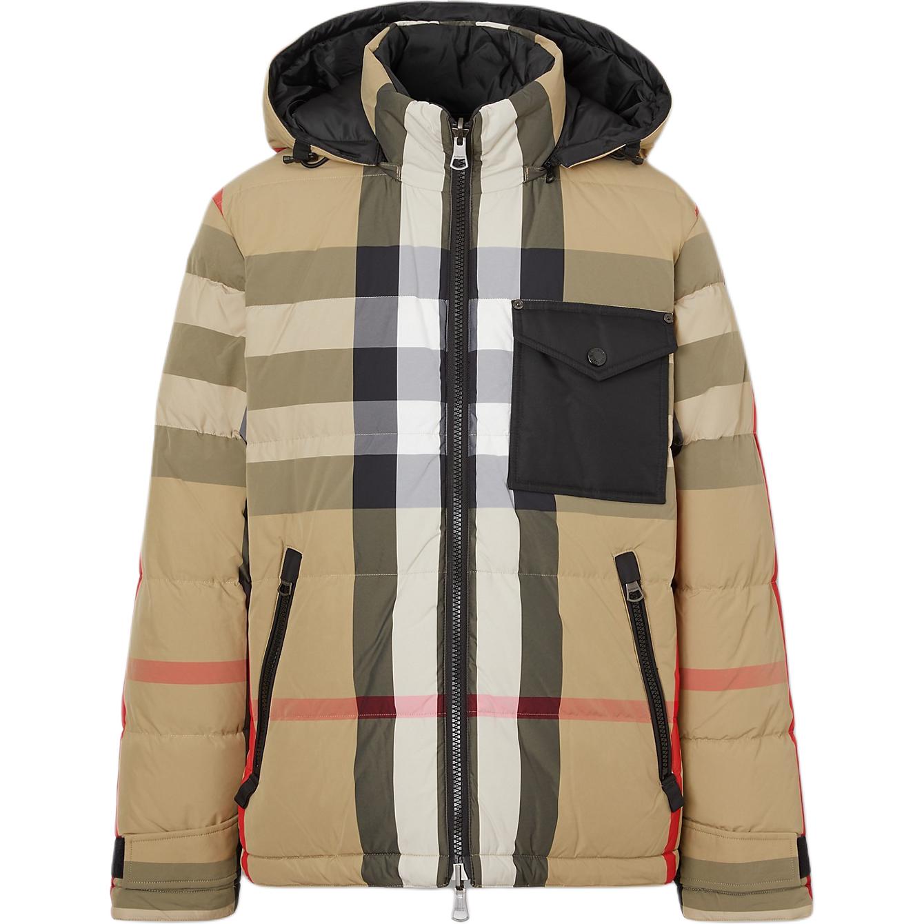 Burberry FW22  Beige Checkered Striped Hooded Puffer Jacket. 80642911