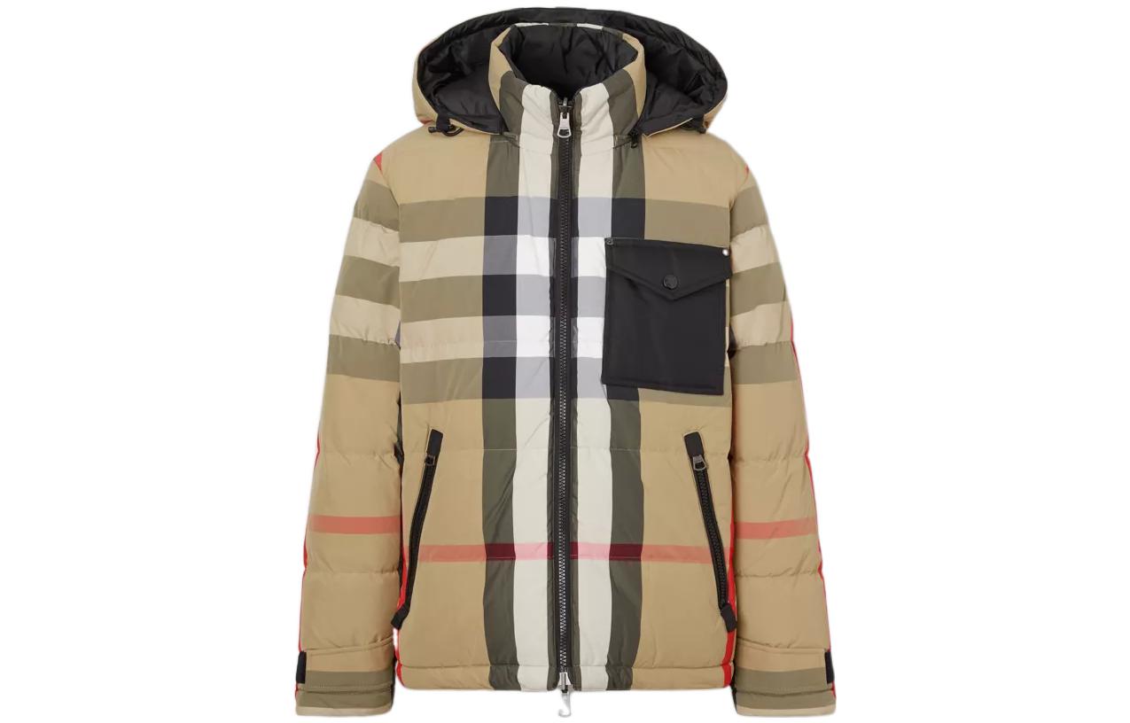 Order Burberry FW22 米色格紋條紋連帽羽絨外套. 80642911