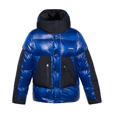 Burberry FW22 Blue Logo Print Puffer Jacket with Hood and Zip Closure. 80583291
