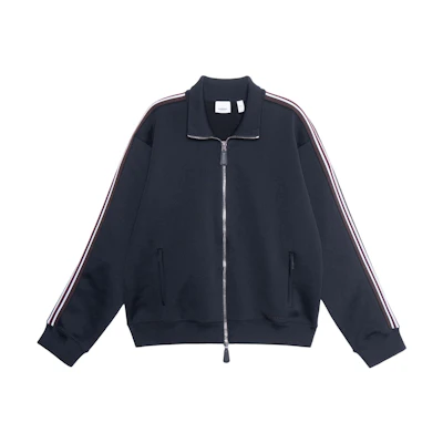 Burberry FW22 Blue Solid Stand Collar Zip-Up Striped Jacket. 80636511