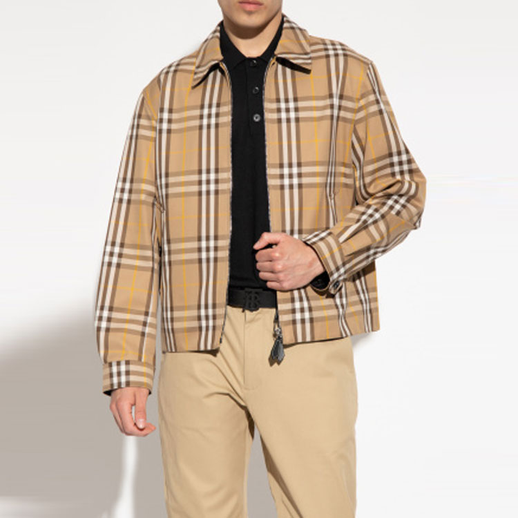 Purchase 博柏利2022秋冬棕色格纹双面拉链外套带领子 80544821