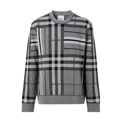 Burberry FW22 Check Jacquard Crewneck Knit Sweater Flint Gray 80587961