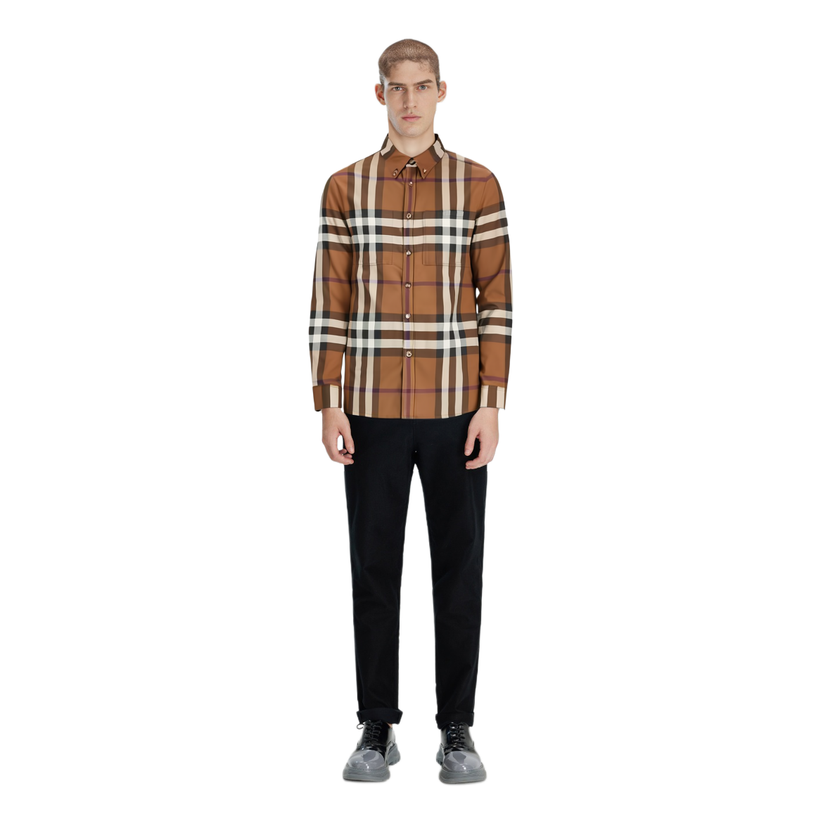 Shop 버버리 FW22 체크 패턴 브라운 싱글 칼라 긴소매 셔츠. 80557421