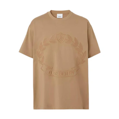 Burberry FW22 Loose Fit Logo Embroidered Crewneck T-Shirt Camel Brown. 80609151