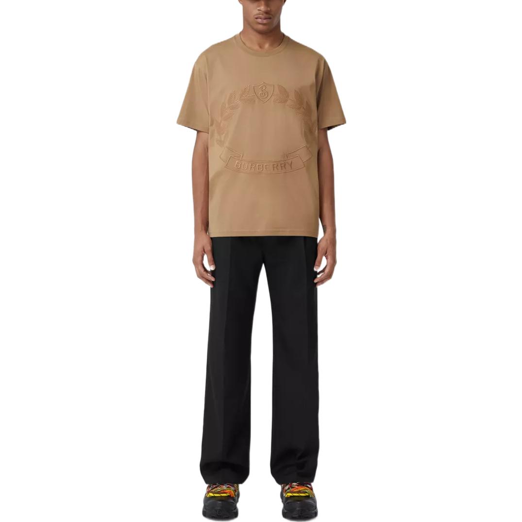 Shop Burberry FW22  Loose Fit Logo Embroidered Crewneck T-Shirt Camel Brown. 80609151