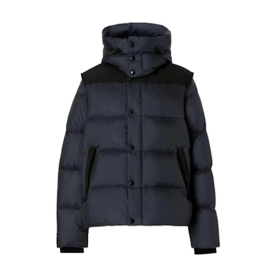 Burberry FW22 Navy Blue Down Jacket with Detachable Sleeves & Hood. 80591401