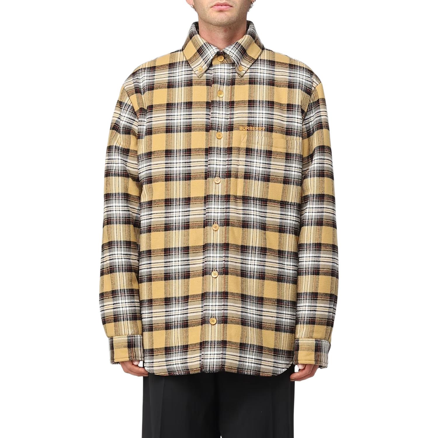 Shop Burberry FW22  Yellow Checkered Logo Embroidered Button-Down Shirt. 80610551