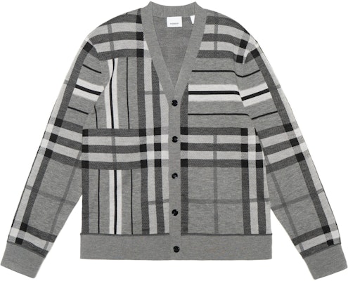 Burberry FW22 Check Colorblock Striped Jacquard Knit Cardigan Men Grey 80587441 Buy Burberry FW22 Check Colorblock Striped Jacquard Knit Cardigan Men Grey 80587441