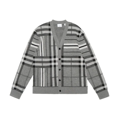 Burberry FW22 Check Colorblock Striped Jacquard Knit Cardigan Men Grey 80587441