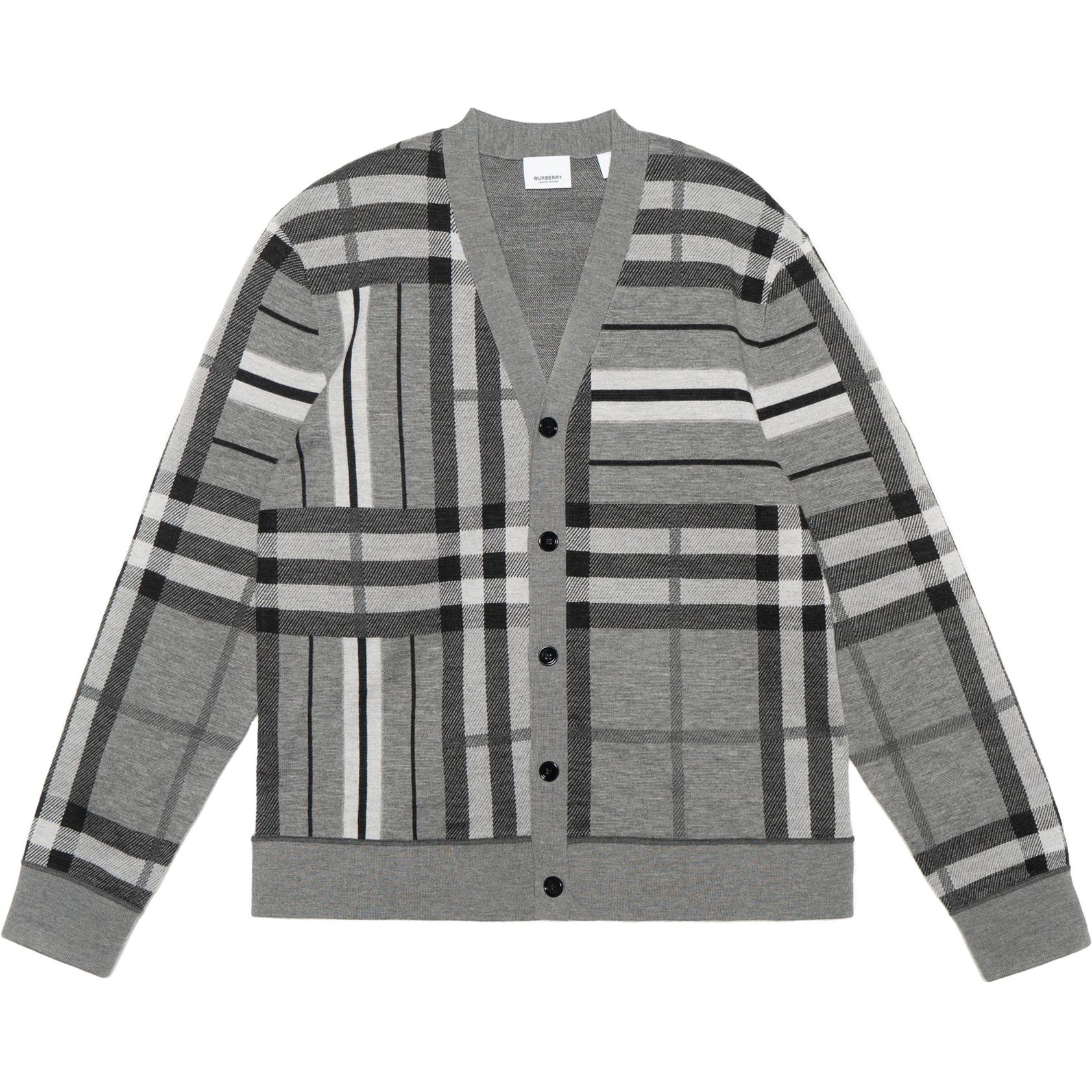 Order Burberry FW22 Check Colorblock Striped Jacquard Knit Cardigan Men Grey 80587441