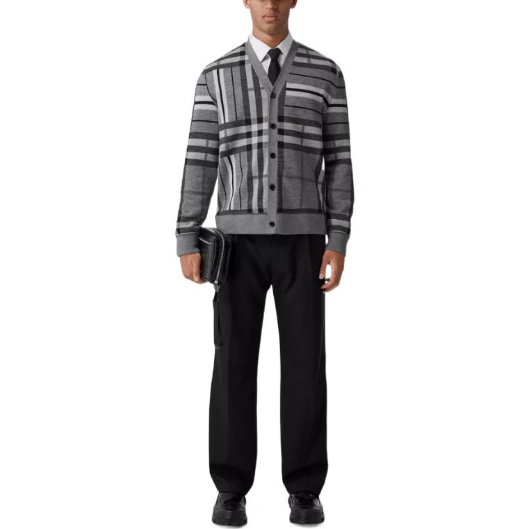Shop Burberry FW22 Check Colorblock Striped Jacquard Knit Cardigan Men Grey 80587441