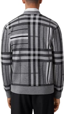 Burberry FW22 Check Colorblock Striped Jacquard Knit Cardigan Men Grey 80587441 Purchase Burberry FW22 Check Colorblock Striped Jacquard Knit Cardigan Men Grey 80587441