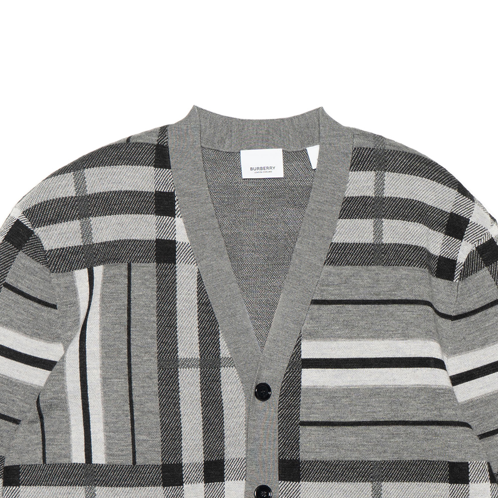 Details for Burberry FW22 Check Colorblock Striped Jacquard Knit Cardigan Men Grey 80587441