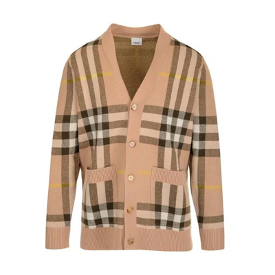 Burberry FW22 Check V-Neck Button-Up Knit Sweater Khaki 80540981