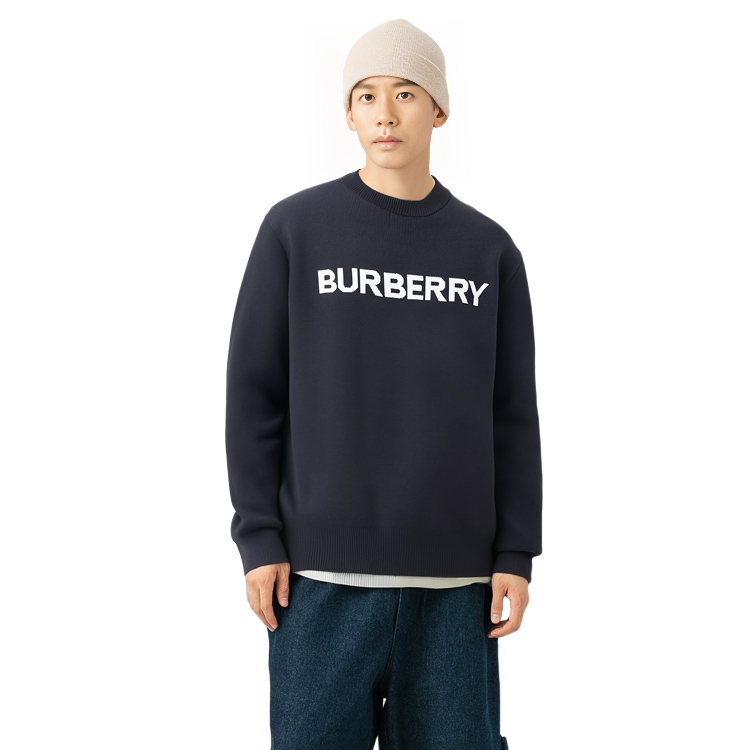 Purchase Burberry FW22 Logo Wool-Cotton Oversized Knit Sweater  Dark Blue 80636551