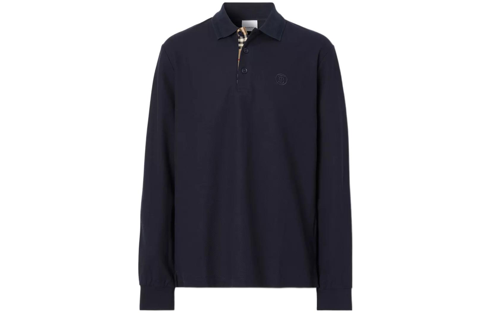 Buy Burberry FW22 Solid Logo Embroidered Long Sleeve Polo Shirt Men Navy Blue 80602891